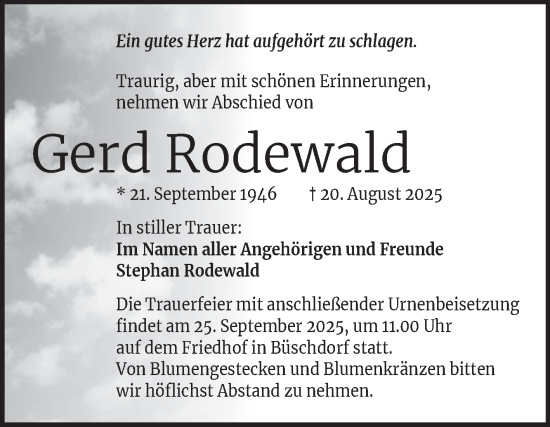 Traueranzeige von Gerd Rodewald von Mitteldeutsche Zeitung Halle/Saalkreis