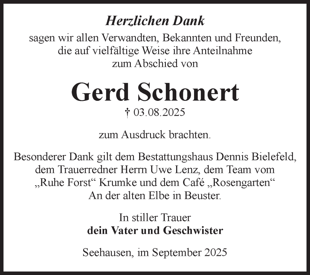  Traueranzeige für Gerd Schonert vom 13.09.2025 aus Volksstimme Altmark Ost