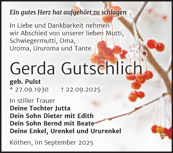 Traueranzeige von Gerda Gutschlich von Trauerkombi Köthen