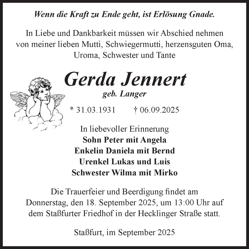  Traueranzeige für Gerda Jennert vom 13.09.2025 aus Volksstimme Staßfurt