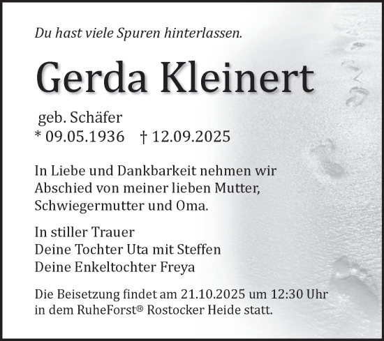 Traueranzeige von Gerda Kleinert von Mitteldeutsche Zeitung Merseburg/Querfurt