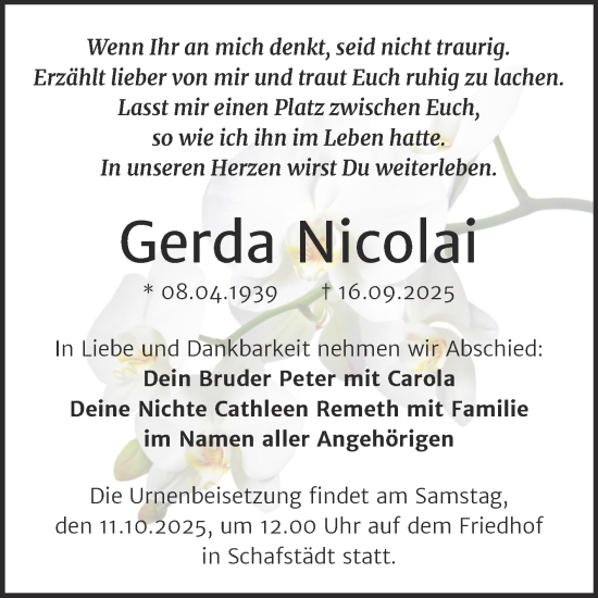 Traueranzeige von Gerda Nicolai von Trauerkombi Merseburg