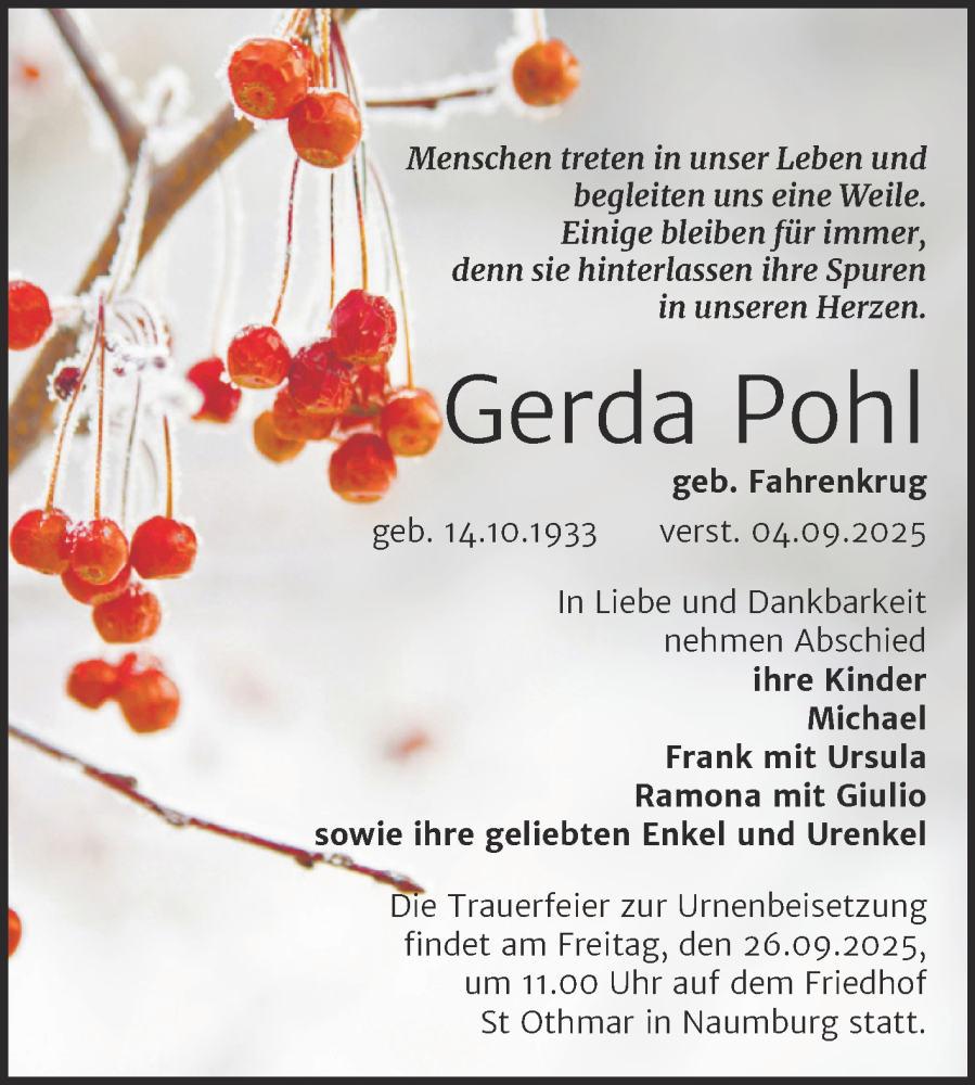  Traueranzeige für Gerda Pohl vom 13.09.2025 aus Naumburger Tageblatt