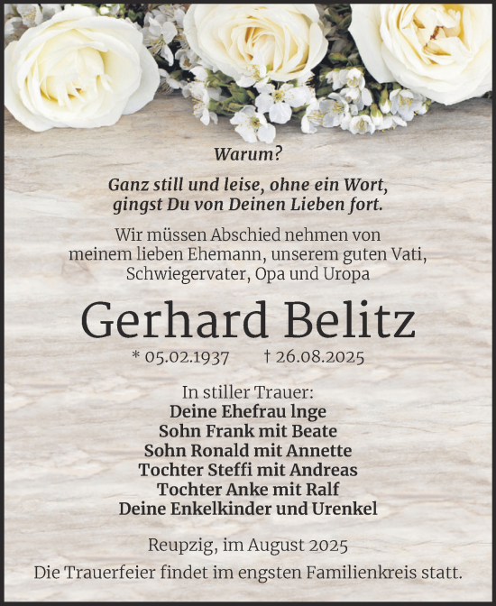 Traueranzeige von Gerhard Belitz von Trauerkombi Köthen