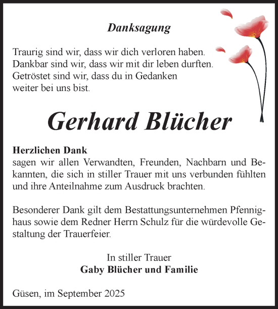 Traueranzeige von Gerhard Blücher von Volksstimme Burg/Genthin