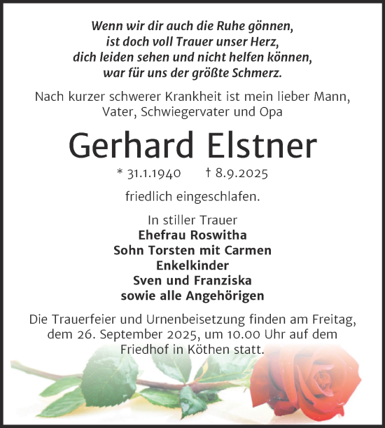 Traueranzeige von Gerhard Elstner von Trauerkombi Köthen