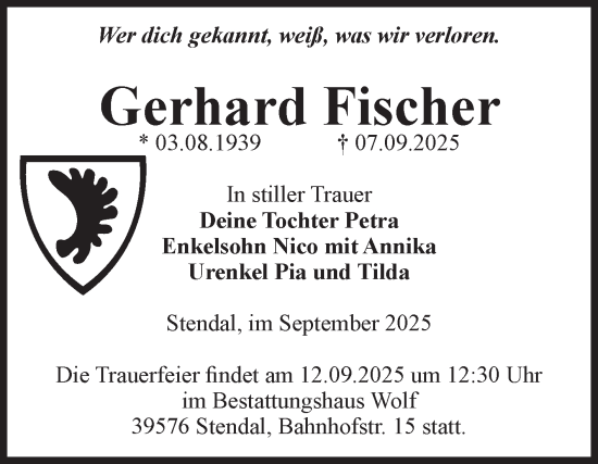Traueranzeige von Gerhard Fischer von Volksstimme Altmark Ost