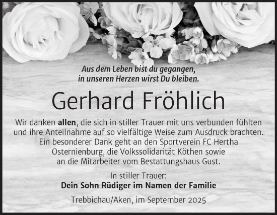 Traueranzeige von Gerhard Fröhlich von Trauerkombi Köthen