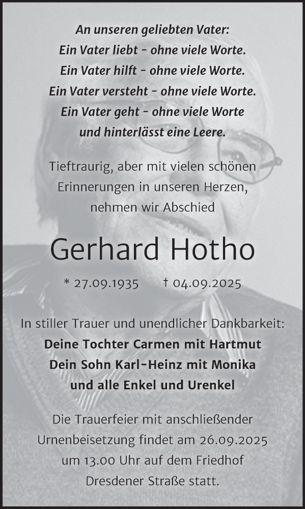  Traueranzeige für Gerhard Hotho vom 13.09.2025 aus Trauerkombi Wittenberg