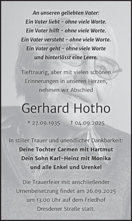 Traueranzeige von Gerhard Hotho von Trauerkombi Wittenberg