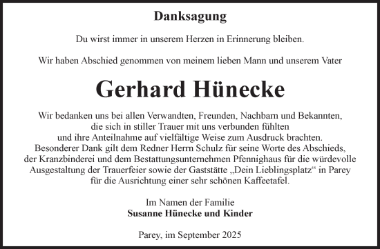 Traueranzeige von Gerhard Hünecke von Volksstimme Burg/Genthin