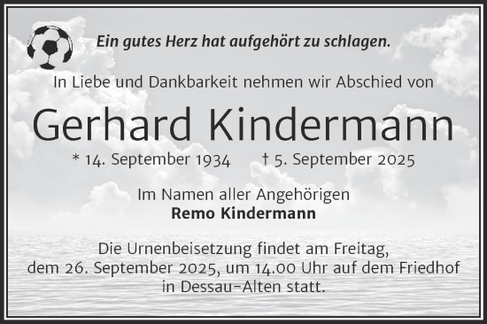 Traueranzeige von Gerhard Kindermann von Trauerkombi Dessau