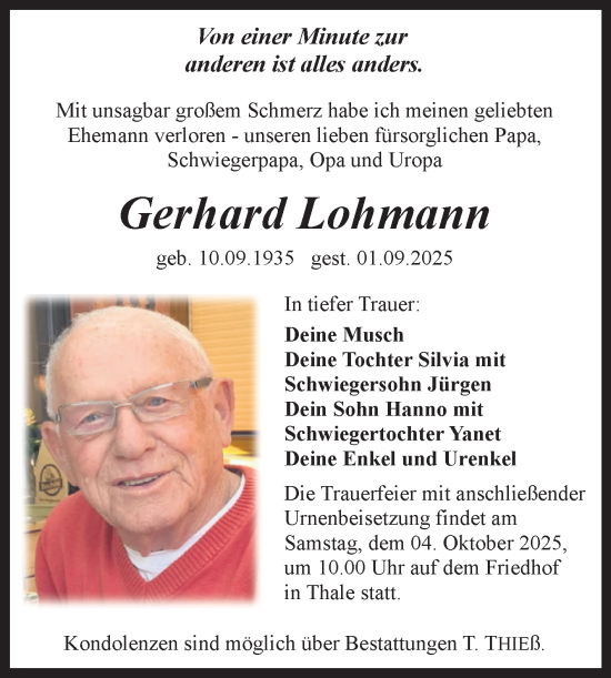 Traueranzeige von Gerhard Lohmann von Trauerkombi Quedlinburg
