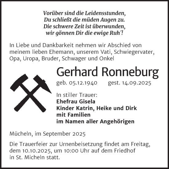 Traueranzeige von Gerhard Ronneburg von Trauerkombi Merseburg