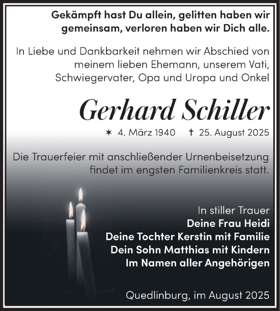 Traueranzeige von Gerhard Schiller von Trauerkombi Quedlinburg