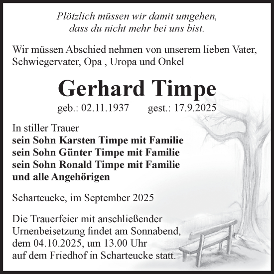 Traueranzeige von Gerhard Timpe von Volksstimme Burg/Genthin