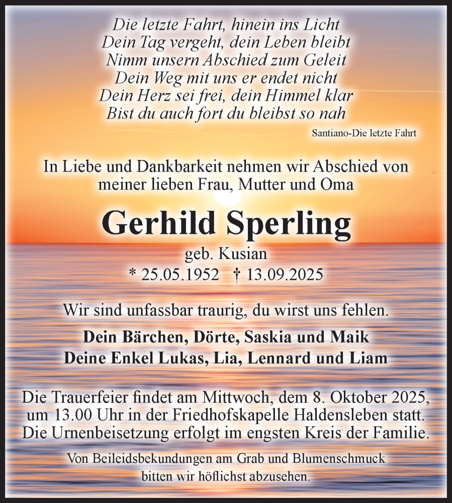 Traueranzeige für Gerhild Sperling vom 27.09.2025 aus Volksstimme Haldensleben/Wolmirstedt
