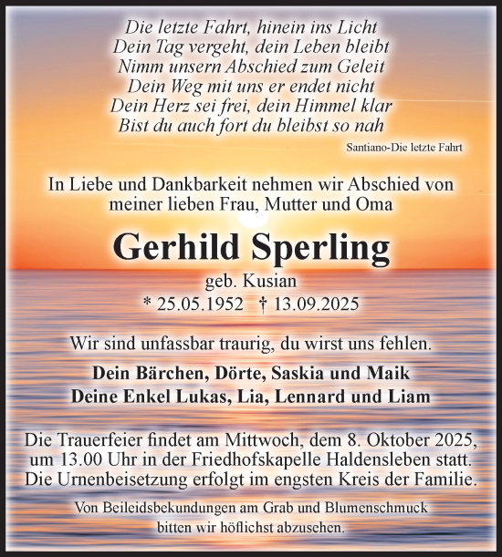 Traueranzeige von Gerhild Sperling von Volksstimme Haldensleben/Wolmirstedt