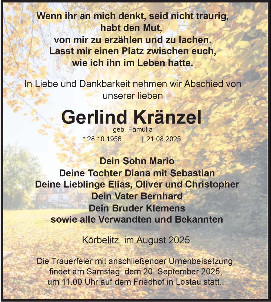  Traueranzeige für Gerlind Kränzel vom 06.09.2025 aus Volksstimme Burg/Genthin
