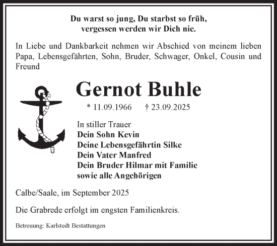 Traueranzeige von Gernot Buhle von Volksstimme Schönebeck