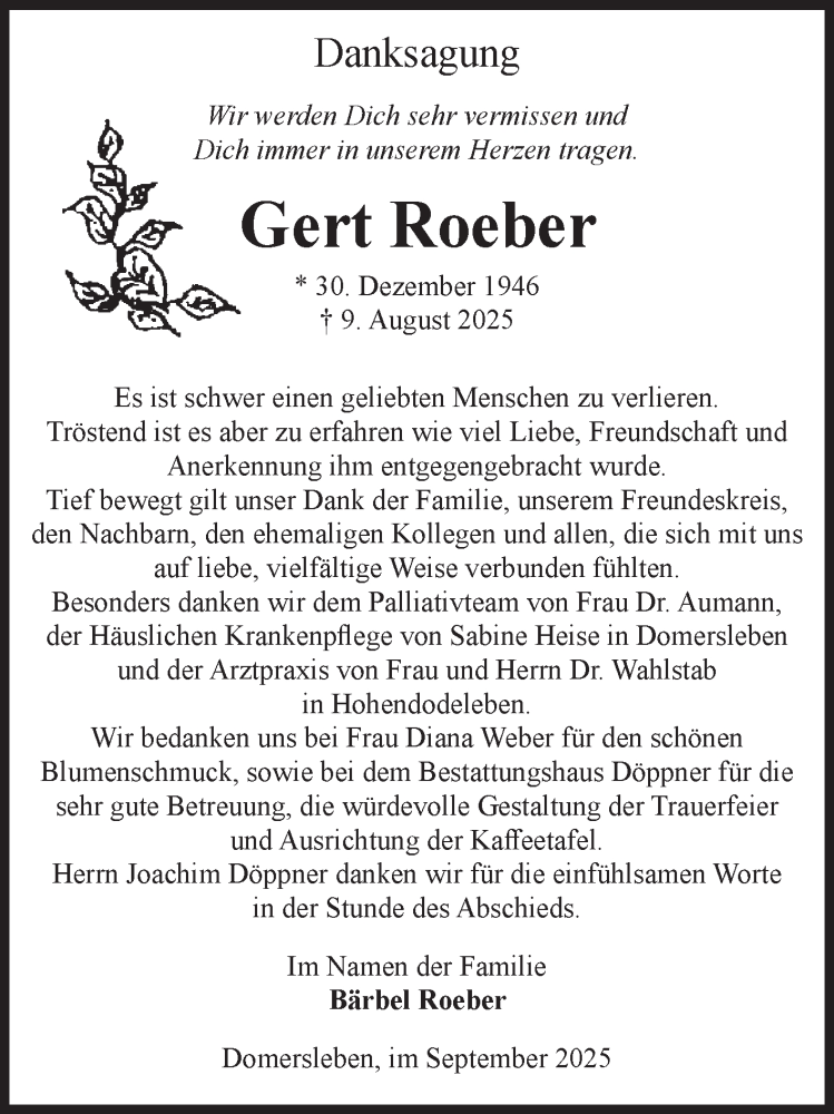  Traueranzeige für Gert Roeber vom 13.09.2025 aus Volksstimme Oschersleben/Wanzleben