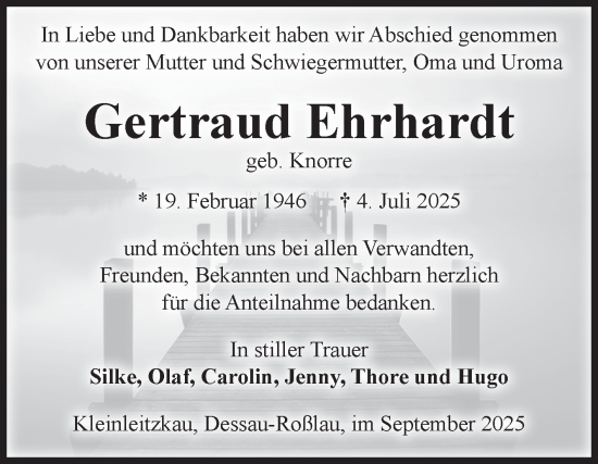 Traueranzeige von Gertraud Ehrhardt von Volksstimme Zerbst