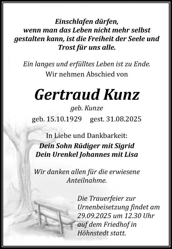 Traueranzeige von Gertraud Kunz von Mitteldeutsche Zeitung Halle/Saalkreis