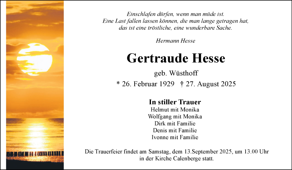  Traueranzeige für Gertraude Hesse vom 06.09.2025 aus Volksstimme Schönebeck