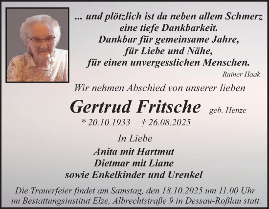 Traueranzeige von Gertrud Fritsche von Trauerkombi Dessau