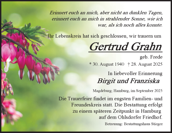 Traueranzeige von Gertrud Grahn von Volksstimme Magdeburg