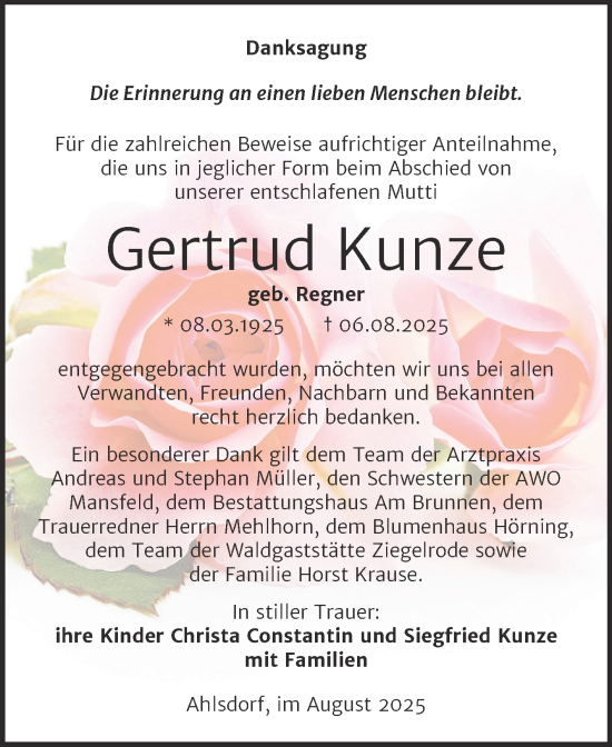 Traueranzeige von Gertrud Kunze von Trauerkombi Mansfelder Land