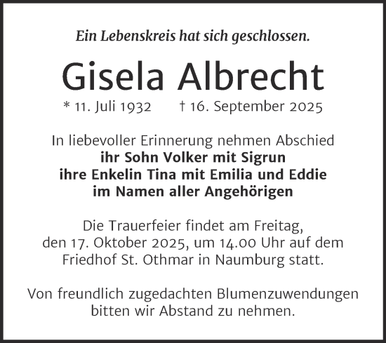 Traueranzeige von Gisela Albrecht von Super Sonntag Naumburg/Nebra