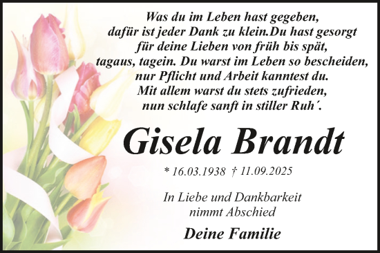 Traueranzeige von Gisela Brandt von Trauerkombi Dessau