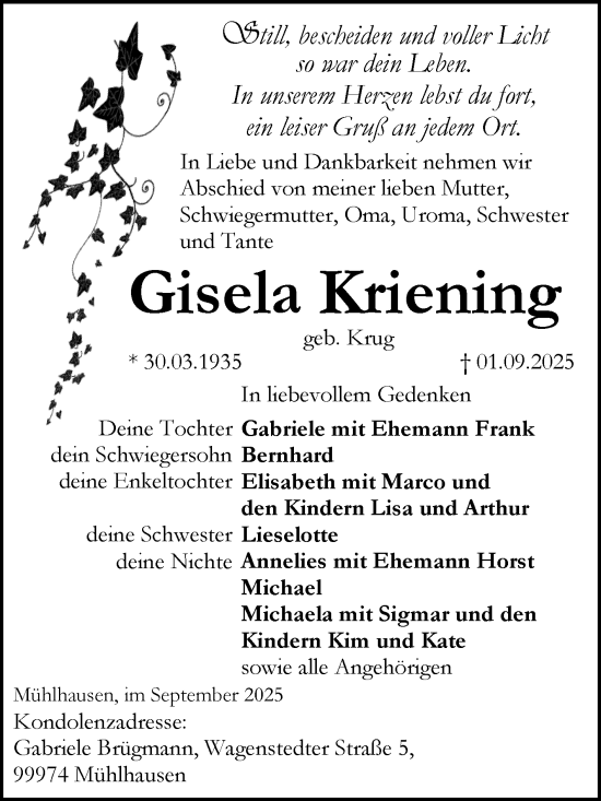Traueranzeige von Gisela Kriening von Super Sonntag Wittenberg