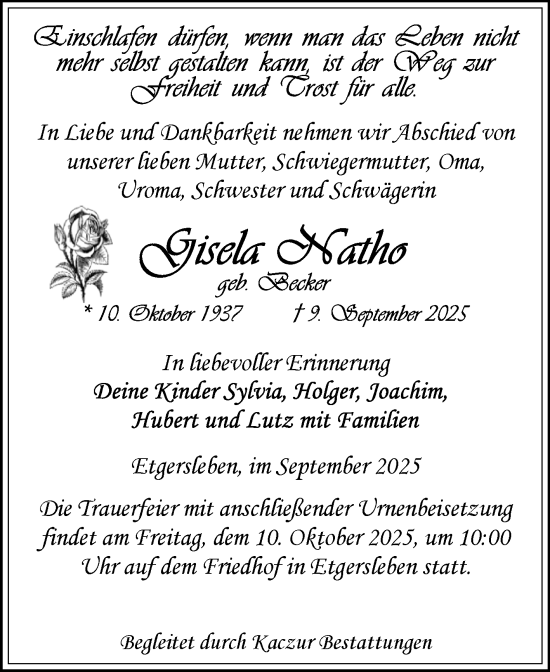 Traueranzeige von Gisela Neatho von Volksstimme Staßfurt