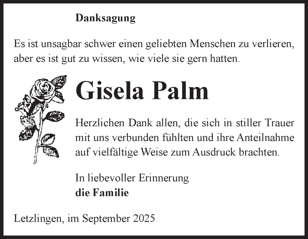  Traueranzeige für Gisela Palm vom 24.09.2025 aus Volksstimme Altmark West