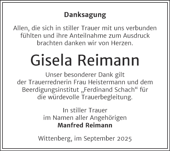 Traueranzeige von Gisela Reimann von Trauerkombi Wittenberg
