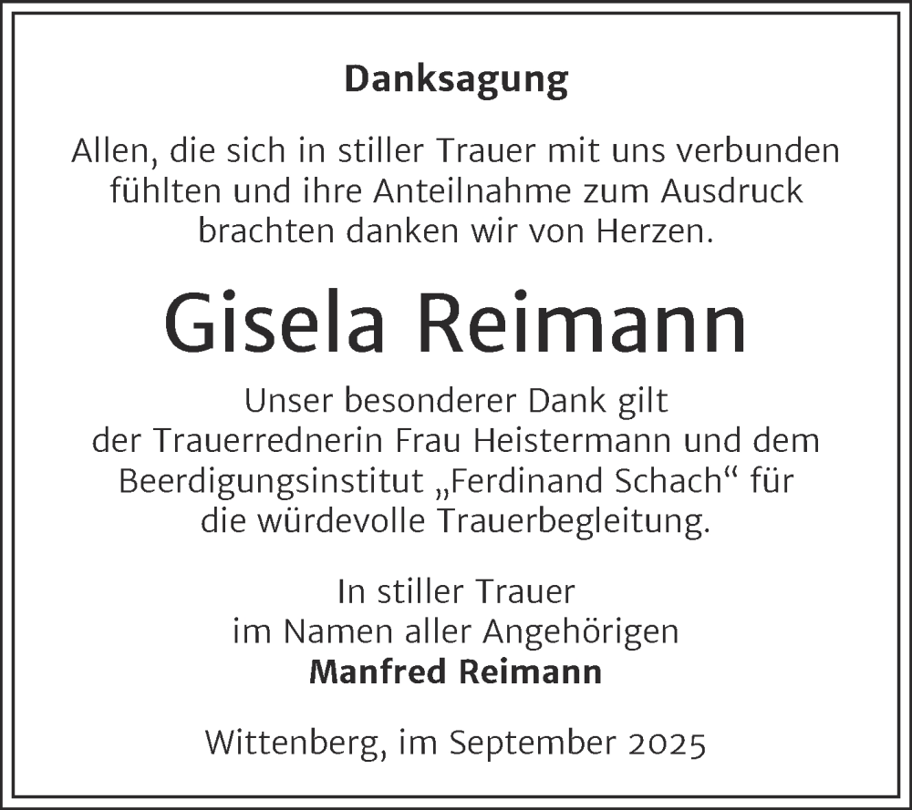  Traueranzeige für Gisela Reimann vom 13.09.2025 aus Trauerkombi Wittenberg