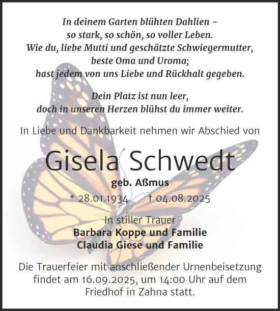 Traueranzeige von Gisela Schwedt von Trauerkombi Wittenberg