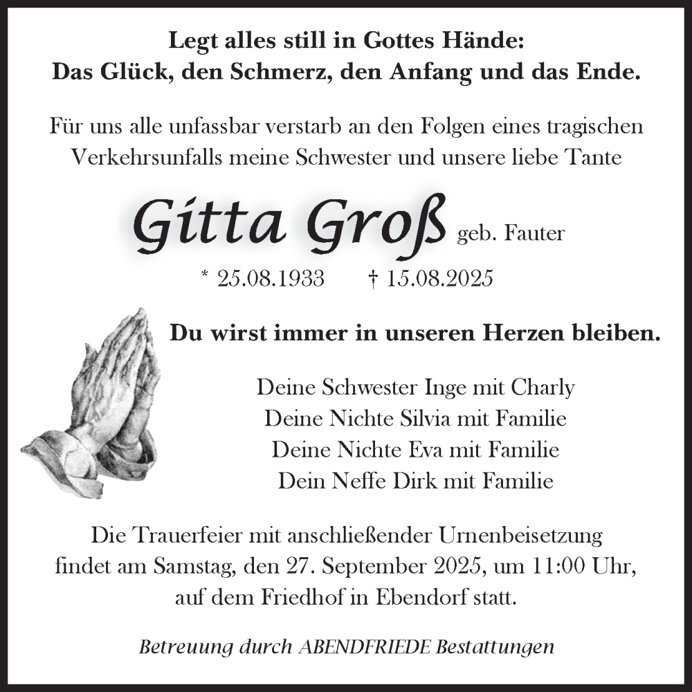  Traueranzeige für Gitta Groß vom 06.09.2025 aus Volksstimme Haldensleben/Wolmirstedt
