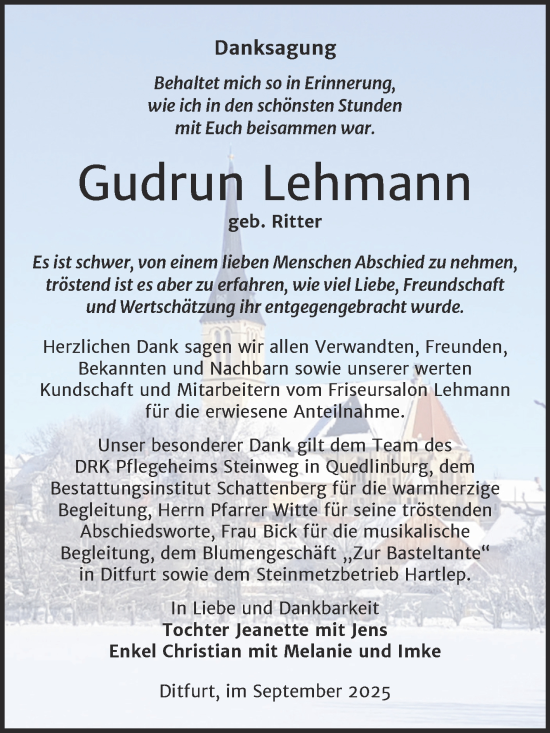 Traueranzeige von Gudrun Lehmann von Trauerkombi Quedlinburg