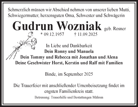 Traueranzeige von Gudrun Wozniak von Volksstimme Altmark West