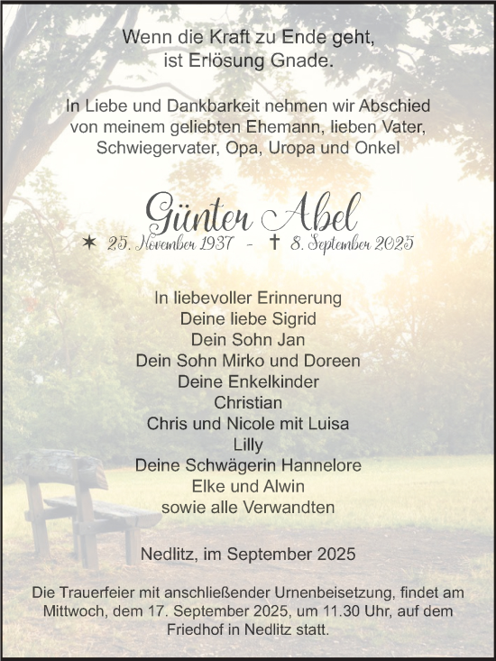 Traueranzeige von Günter Abel von Volksstimme Burg/Genthin