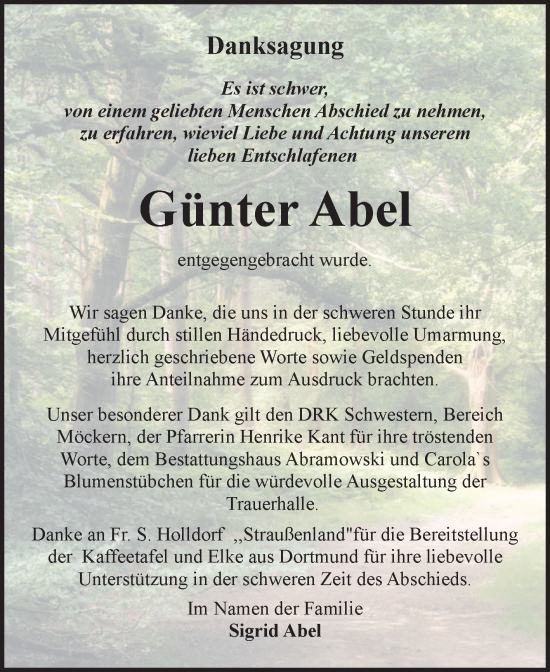 Traueranzeige von Günter Abel von Volksstimme Burg/Genthin