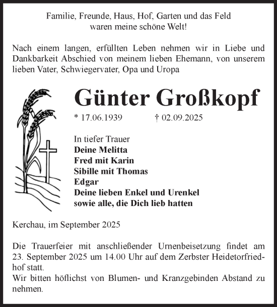 Traueranzeige von Günter Großkopf von Volksstimme Zerbst