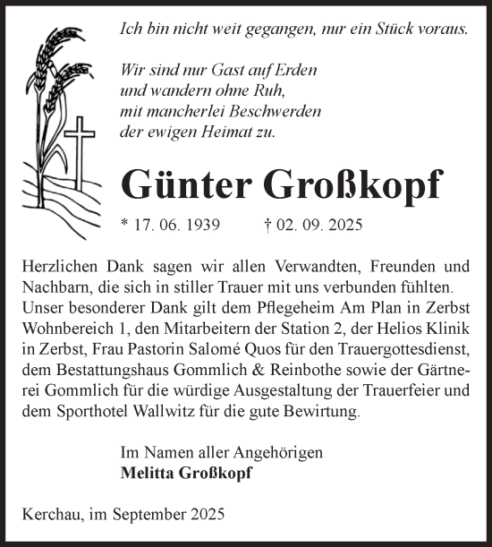 Traueranzeige von Günter Großkopf von Volksstimme Zerbst