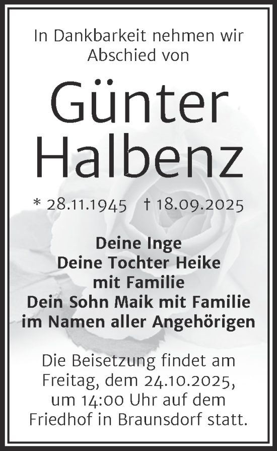 Traueranzeige von Günter Halbenz von Trauerkombi Wittenberg