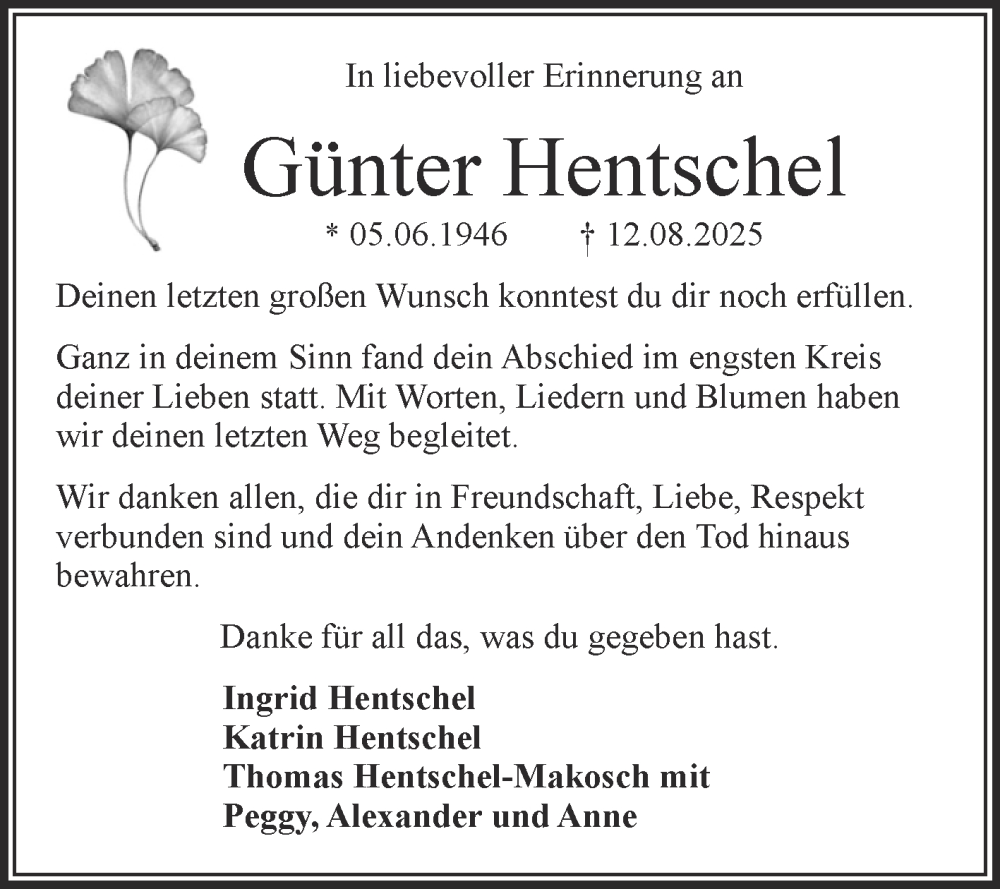  Traueranzeige für Günter Hentschel vom 27.09.2025 aus Trauerkombi Wittenberg