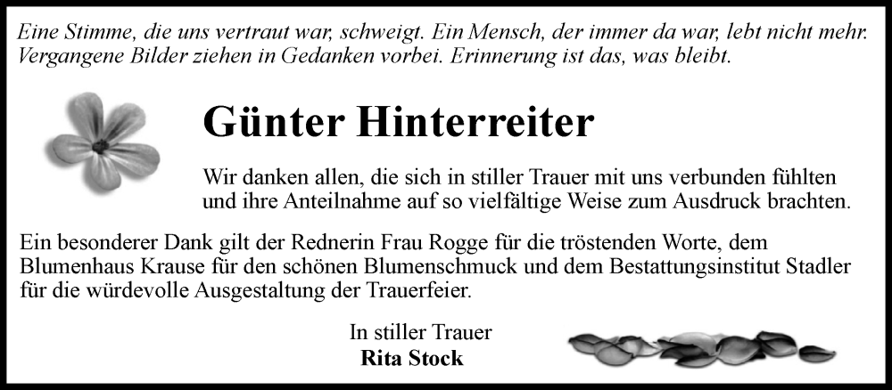  Traueranzeige für Günter Hinterreiter vom 20.09.2025 aus Volksstimme Haldensleben/Wolmirstedt