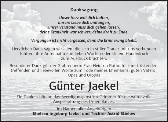 Traueranzeige von Günter Jaekel von Trauerkombi Mansfelder Land